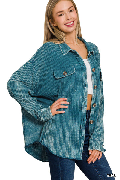 Teal Acid Wash Shacket